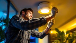A photograph of a lighting contractor installing 6-inch led recessed lights in a modern home setting