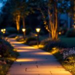 A photograph of a beautifully illuminated outdoor pathway featuring stylish solar led path lights