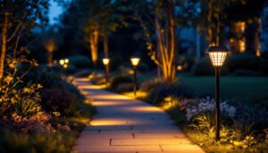 A photograph of a beautifully illuminated outdoor pathway featuring stylish solar led path lights