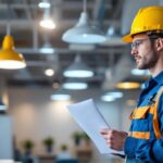 A photograph of a lighting contractor inspecting a commercial space