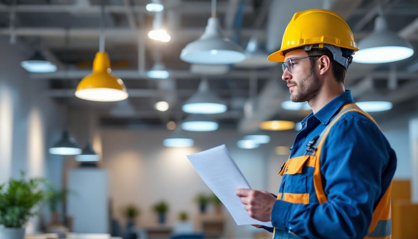 A photograph of a lighting contractor inspecting a commercial space