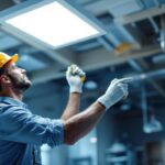 A photograph of a lighting contractor installing or showcasing a sleek led 2x4 flat panel light in a modern commercial space