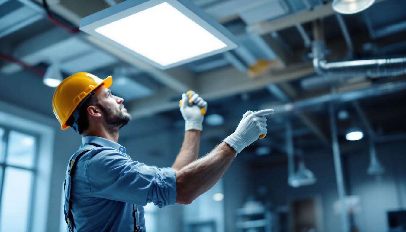 A photograph of a lighting contractor installing or showcasing a sleek led 2x4 flat panel light in a modern commercial space