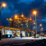 A photograph of a well-lit construction site at dusk