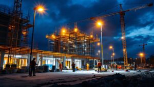 A photograph of a well-lit construction site at dusk