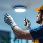 A photograph of a lighting contractor installing a sleek led flushmount fixture in a modern commercial space