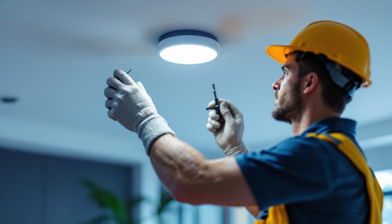 A photograph of a lighting contractor installing a sleek led flushmount fixture in a modern commercial space