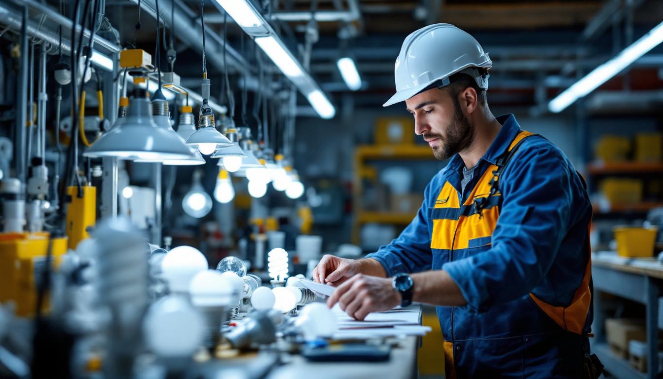 A photograph of a lighting contractor examining a variety of fluorescent bulbs in a well-lit workspace