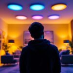 A photograph of a well-lit interior space showcasing vibrant rgb recessed downlights in action