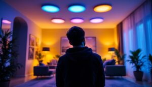 A photograph of a well-lit interior space showcasing vibrant rgb recessed downlights in action