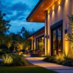 A photograph of a skilled lighting contractor expertly installing stylish outdoor lighting fixtures in a beautifully landscaped commercial setting during twilight