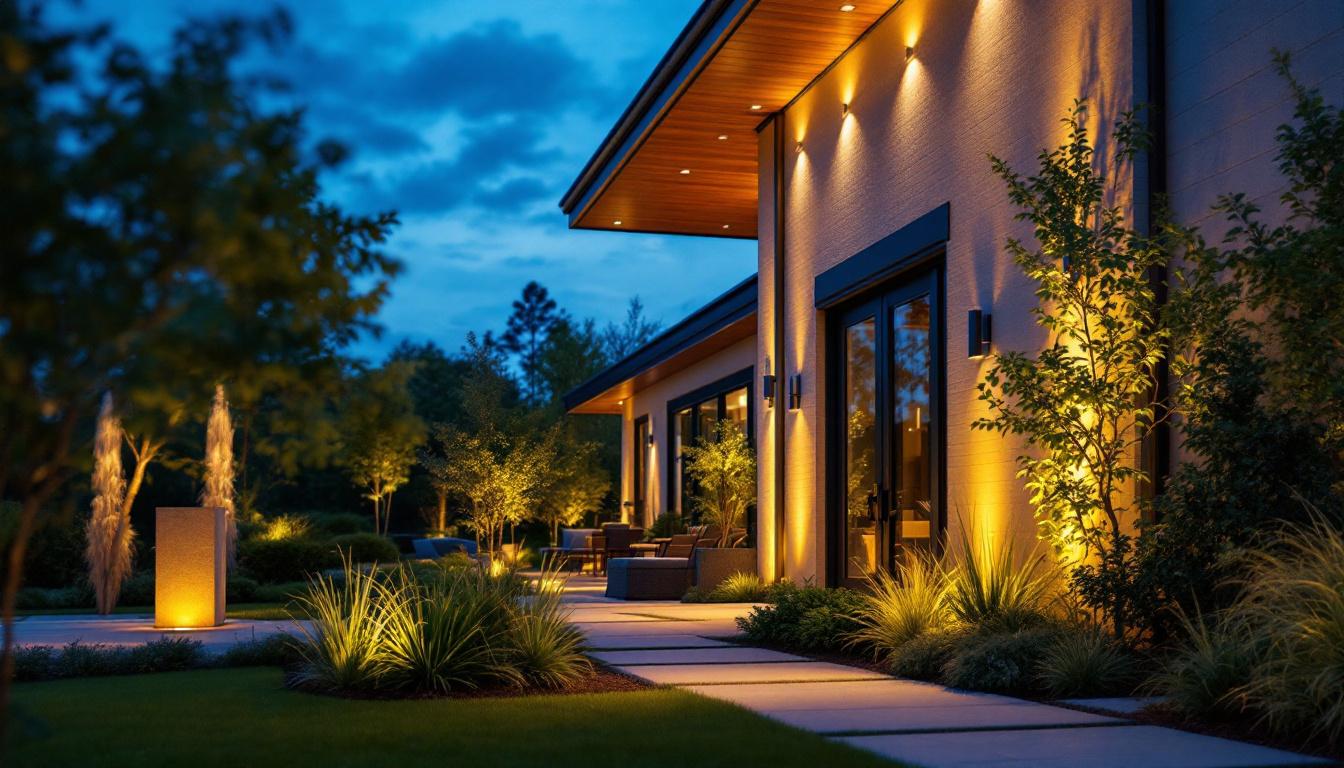 A photograph of a skilled lighting contractor expertly installing stylish outdoor lighting fixtures in a beautifully landscaped commercial setting during twilight