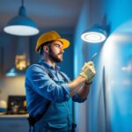 A photograph of a skilled lighting contractor working on a modern lighting installation in a stylish residential or commercial space