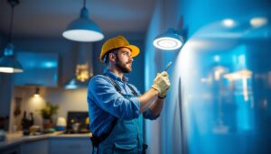 A photograph of a skilled lighting contractor working on a modern lighting installation in a stylish residential or commercial space