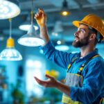 A photograph of a lighting contractor installing or showcasing various led lighting products in a well-lit
