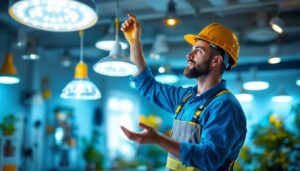 A photograph of a lighting contractor installing or showcasing various led lighting products in a well-lit