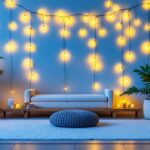 A photograph of a beautifully arranged outdoor or indoor scene featuring string lights elegantly draped across various surfaces