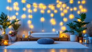 A photograph of a beautifully arranged outdoor or indoor scene featuring string lights elegantly draped across various surfaces