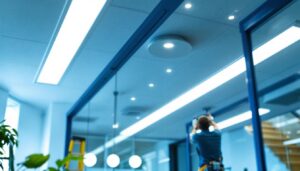 A photograph of a lighting contractor installing commercial recessed can lights in a modern office space