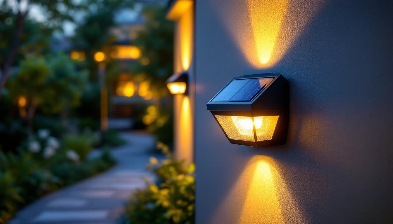 A photograph of a beautifully designed solar wall light installed on an outdoor wall
