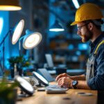 A photograph of a lighting contractor examining various lighting options