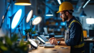 A photograph of a lighting contractor examining various lighting options