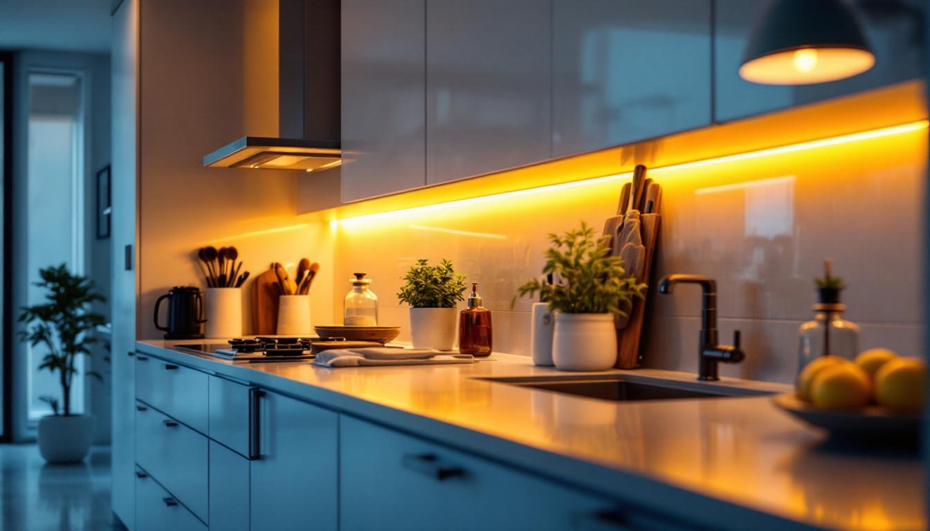 A photograph of a beautifully illuminated kitchen space showcasing low voltage under counter lighting