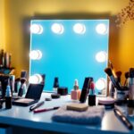 A photograph of a beautifully lit vanity setup featuring a well-designed mirror with adjustable lighting