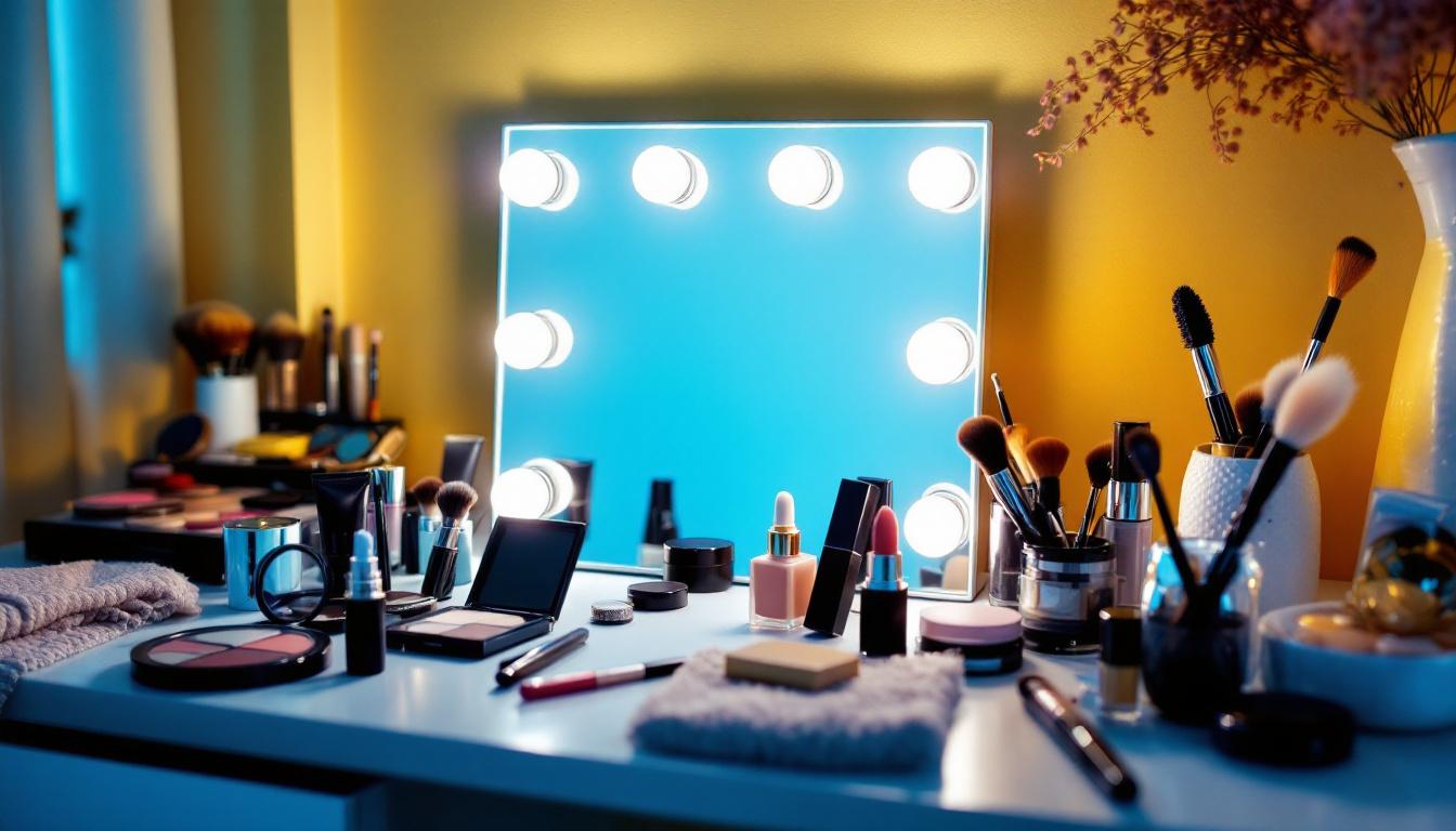 A photograph of a beautifully lit vanity setup featuring a well-designed mirror with adjustable lighting