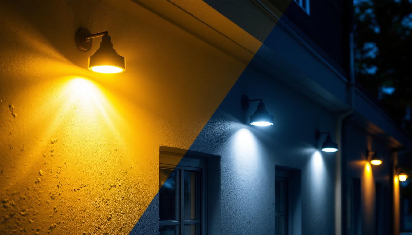 A photograph of a well-lit exterior setting featuring various styles of wall pack light fixtures installed on a building
