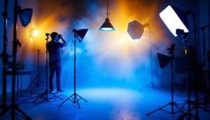 A photograph of a well-lit scene showcasing various lighting techniques in action