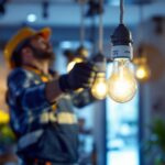 A photograph of a lighting contractor installing high-quality led light bulbs in a modern