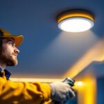 A photograph of a lighting contractor installing led retrofit recessed lighting in a modern residential or commercial space