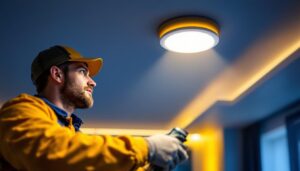 A photograph of a lighting contractor installing led retrofit recessed lighting in a modern residential or commercial space