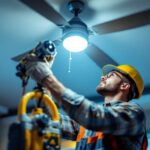 A photograph of a skilled lighting contractor expertly installing or repairing a ceiling fan