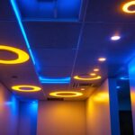 A photograph of a well-lit basement ceiling featuring various styles of led lights installed