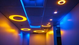 A photograph of a well-lit basement ceiling featuring various styles of led lights installed