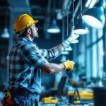 A photograph of a lighting contractor in action