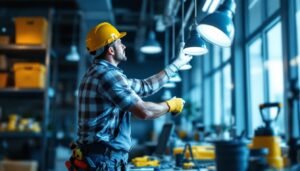 A photograph of a lighting contractor in action