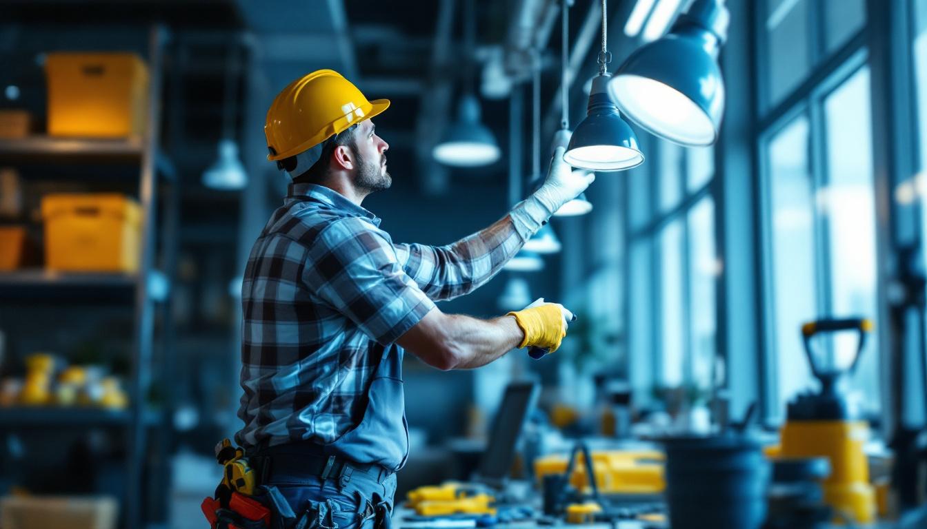 A photograph of a lighting contractor in action