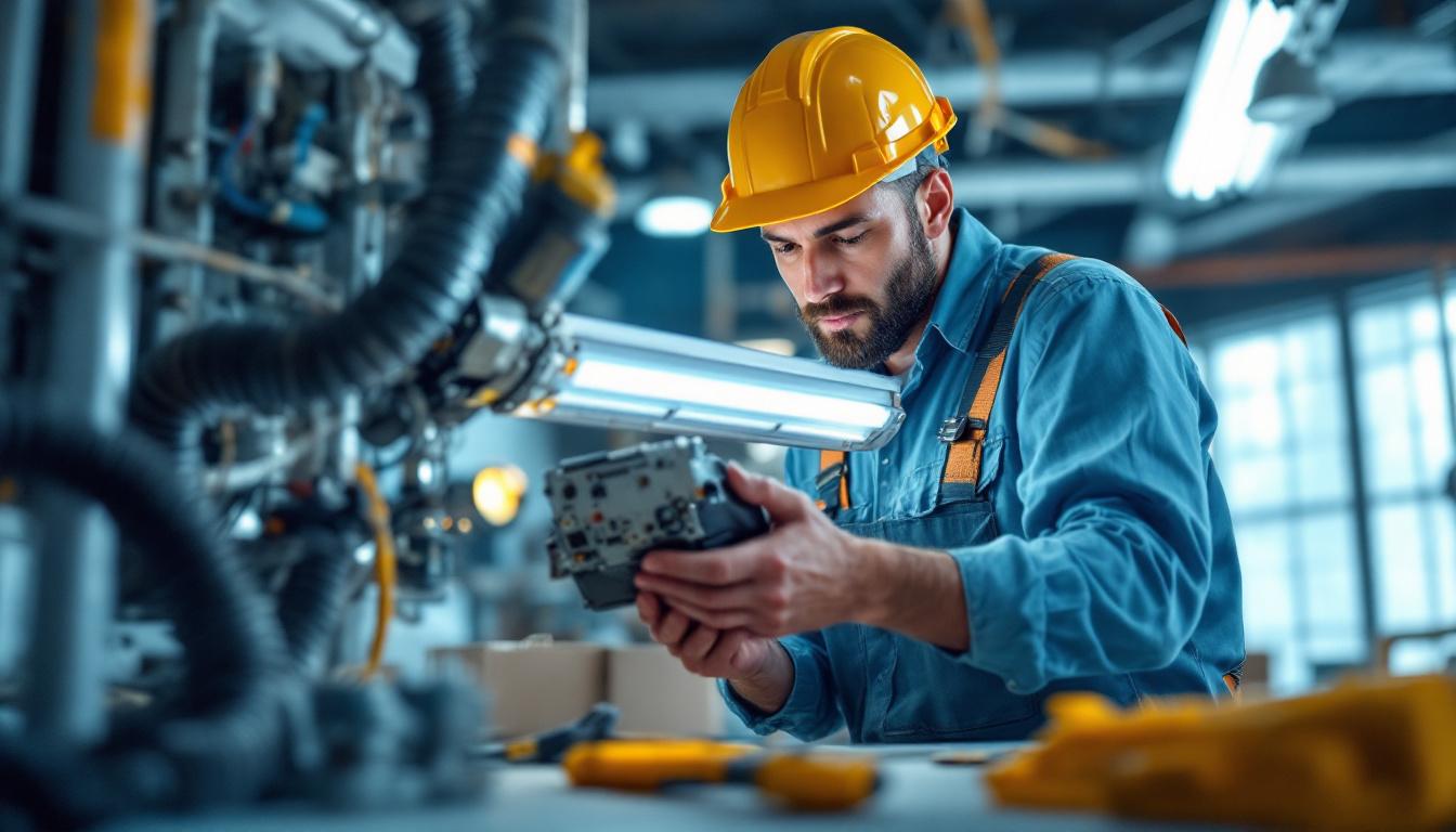 A photograph of a lighting contractor examining or installing a compact fluorescent light ballast