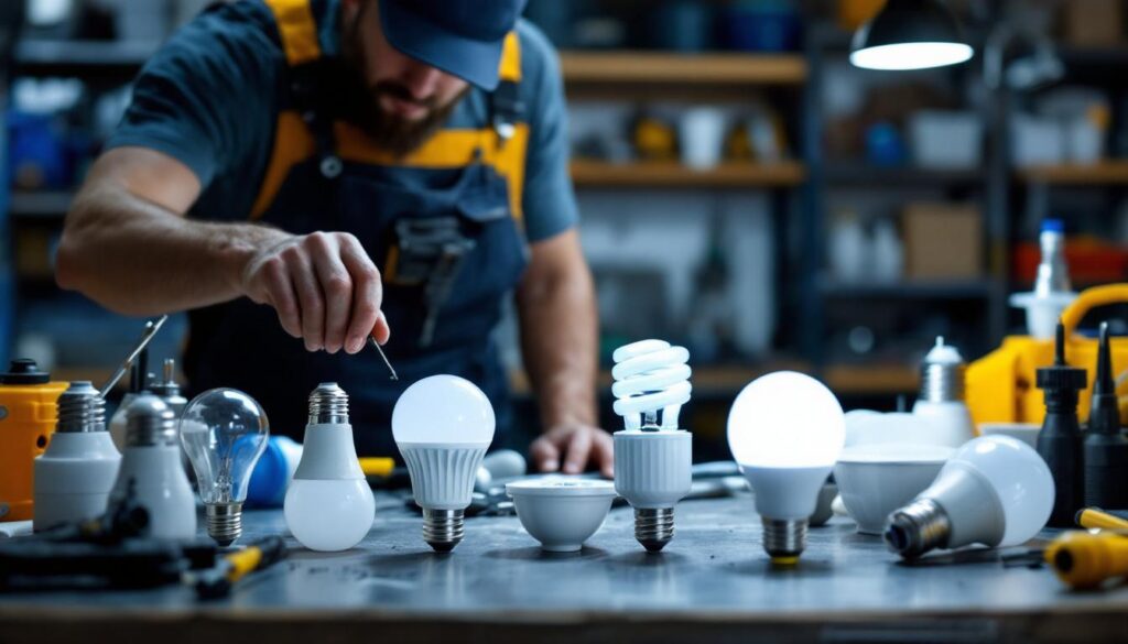 A photograph of a lighting contractor examining various led type b bulbs on a well-organized workbench