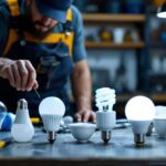 A photograph of a lighting contractor examining various led type b bulbs on a well-organized workbench
