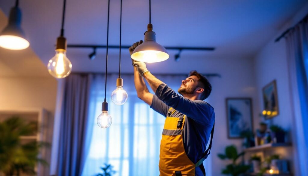 A photograph of a skilled lighting contractor installing stylish led hanging lights in a modern interior space