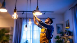 A photograph of a skilled lighting contractor installing stylish led hanging lights in a modern interior space