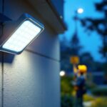 A photograph of a well-lit outdoor area showcasing a modern led security light in action