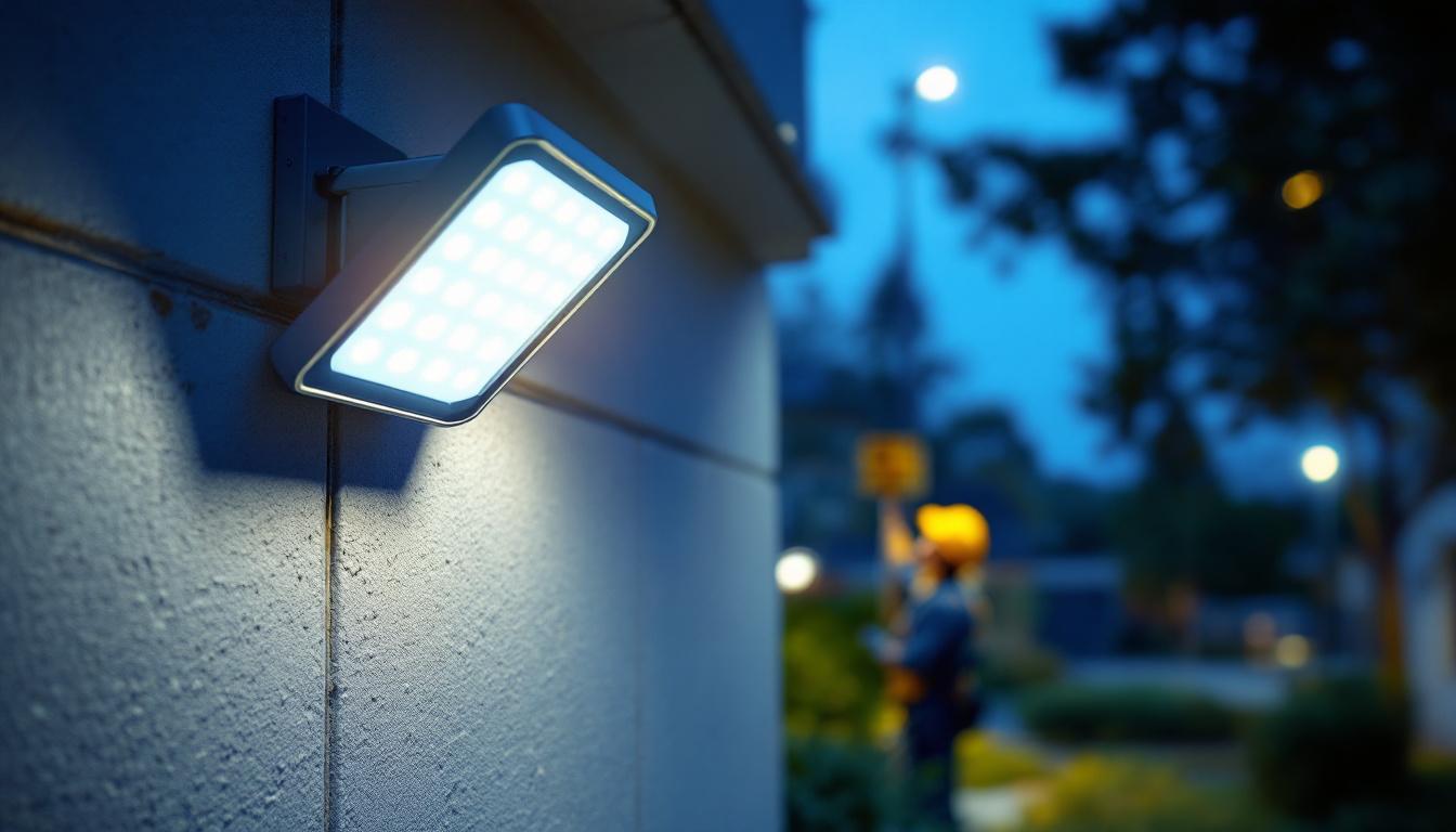 A photograph of a well-lit outdoor area showcasing a modern led security light in action