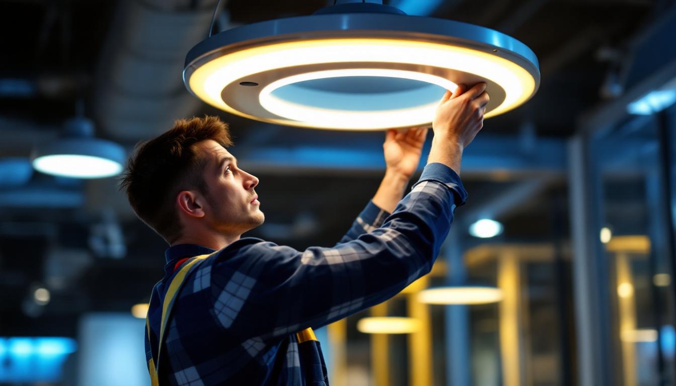 A photograph of a lighting contractor skillfully installing a modern ufo light fixture in a commercial space