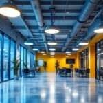 A photograph of a well-lit commercial space featuring troffer lighting installations