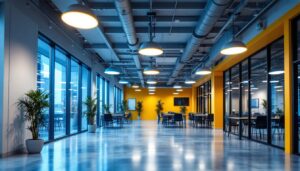 A photograph of a well-lit commercial space featuring troffer lighting installations